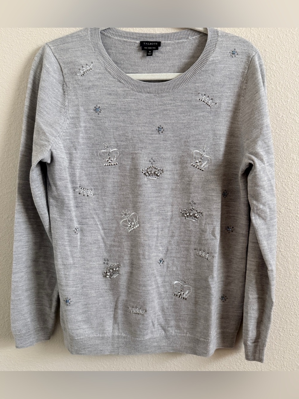 Talbots Gray Crown Embellished Crewneck Sweater 100% Merino Wool